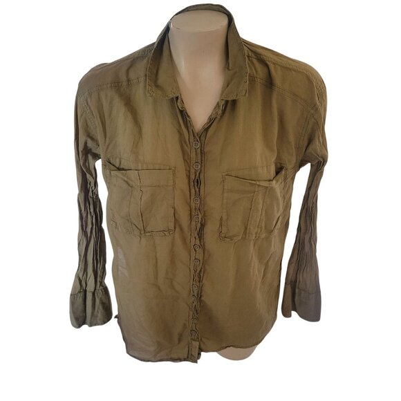 WE THE FREE Wrinkled Chic Olive Button-Up Shirt With‎ Pockets & Sleeve Detail - Picture 1 of 9